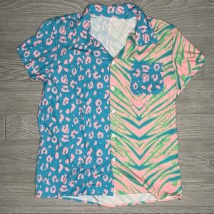 Leopard and zebra neon colorful color block button up shirt with pocket large